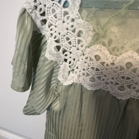 BiBi Sage Green Blouse with White Lace Detail - Picture 3 of 5